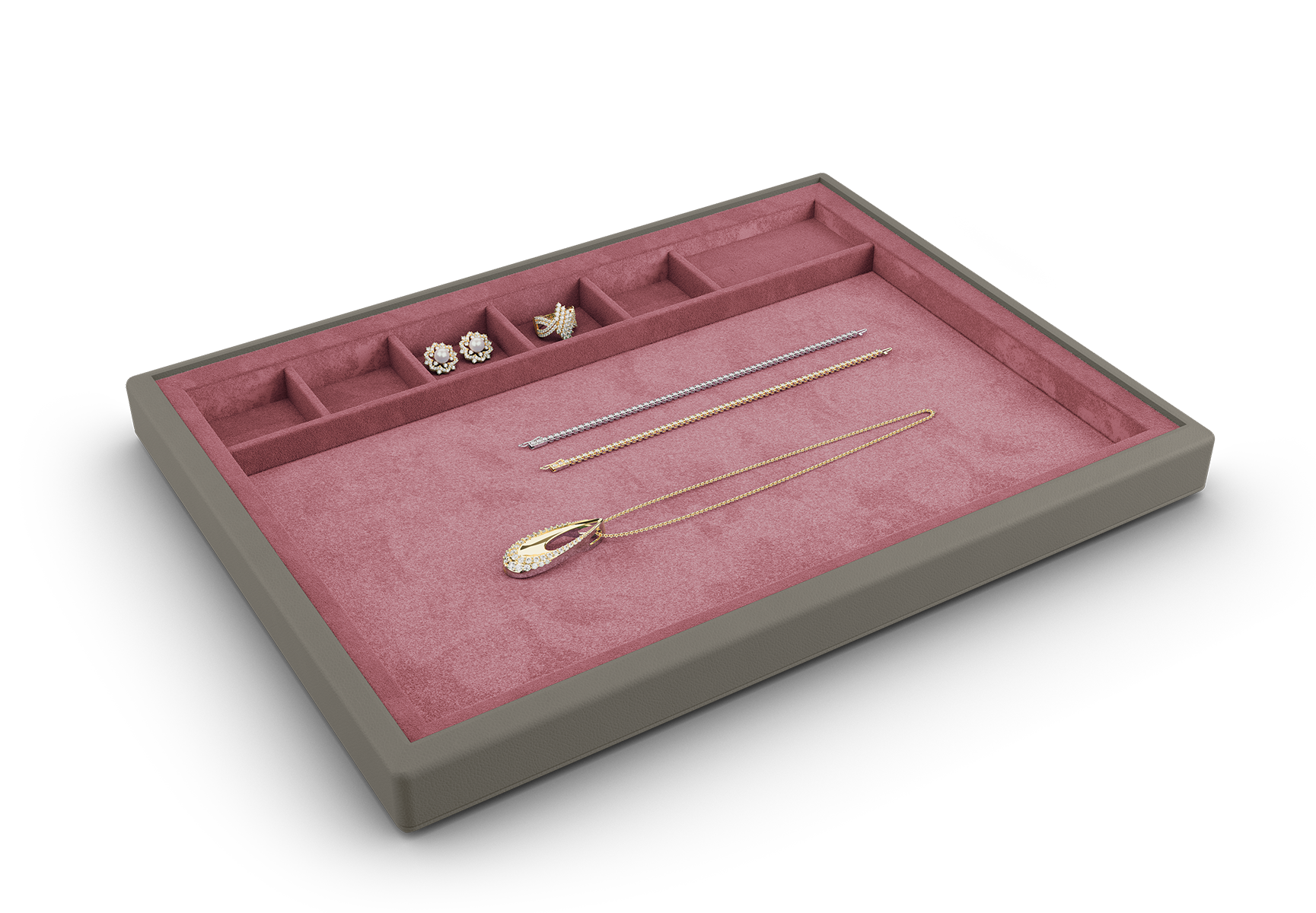 Vorlagetablett mit Fächern offen in Grau und Pink.